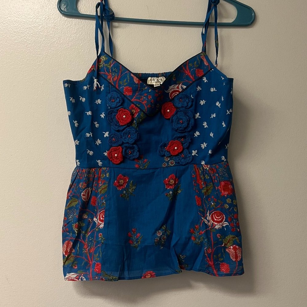 Anthropologie Blue Floral Crochet-Accented Tank Top - Picture 5 of 15